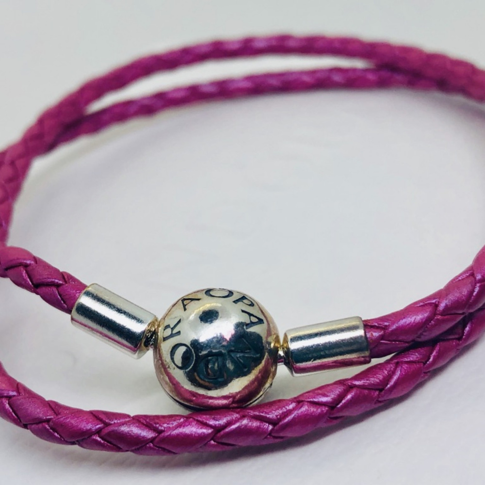 PANDORA Double Braided Leather Pink Bracelet, 19cm - Picture 4 of 8